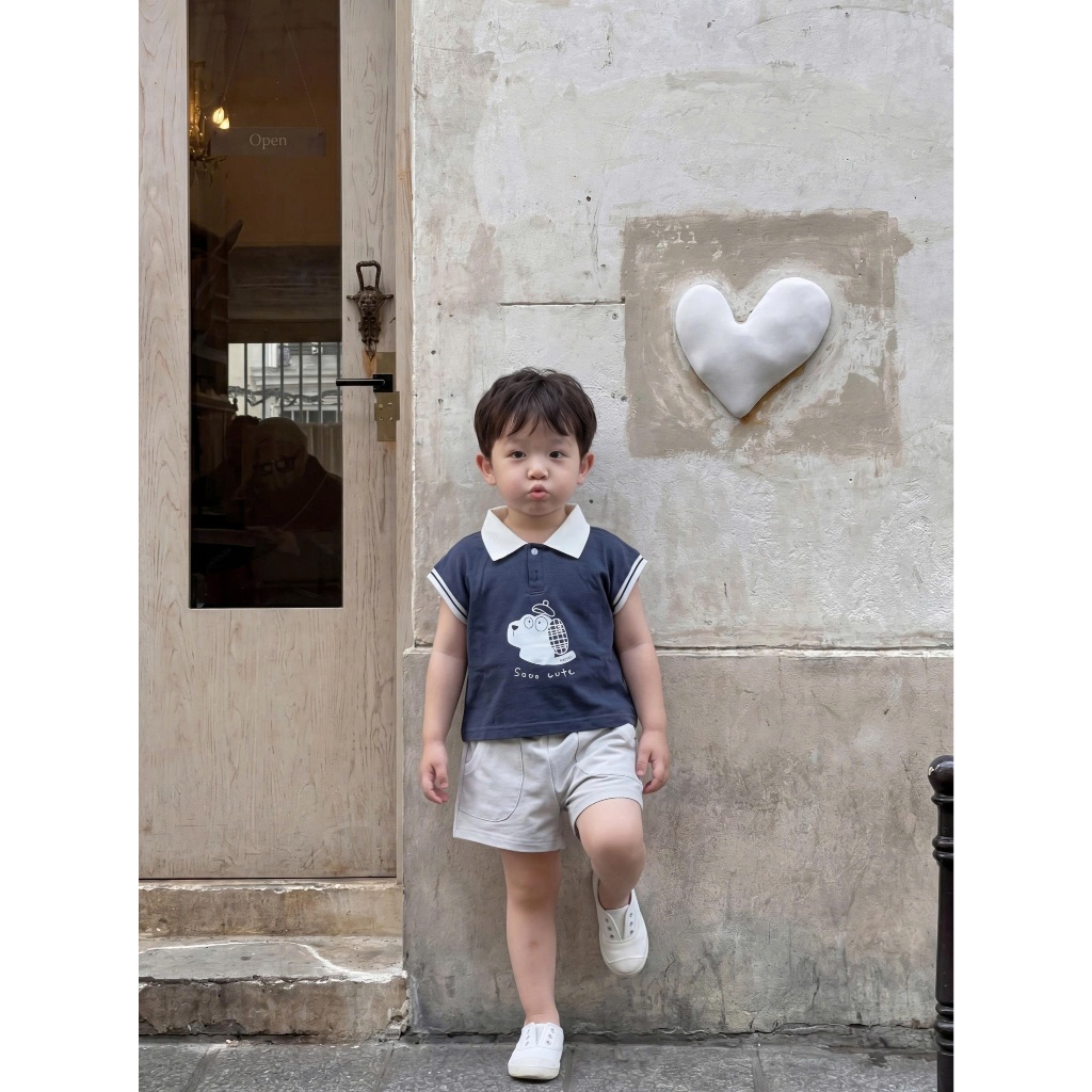 Set bộ polo cộc tay bé trai Miniumbaby in hình cún dáng tay dơi thoáng mát, chất cotton mềm SB2725