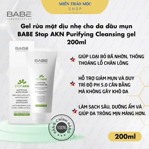 Gel rửa mặt dịu nhẹ cho da dầu mụn BABE Stop AKN Purifying Cleansing ɡel 200ml