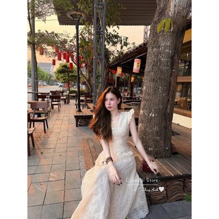 Váy ren thô boil 2 lớp màu trắng kem thiết kế tay cánh tiễn cực đẹp dành cho chị em mặc đi chơi xinh - Baotrang.clothes
