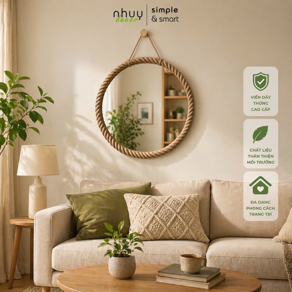 Gương tròn treo tường có viền dây thừng, khung gỗ, treo tường bằng dây thừng, bao bể vỡ, nhiều kích thước decor siêu đẹp