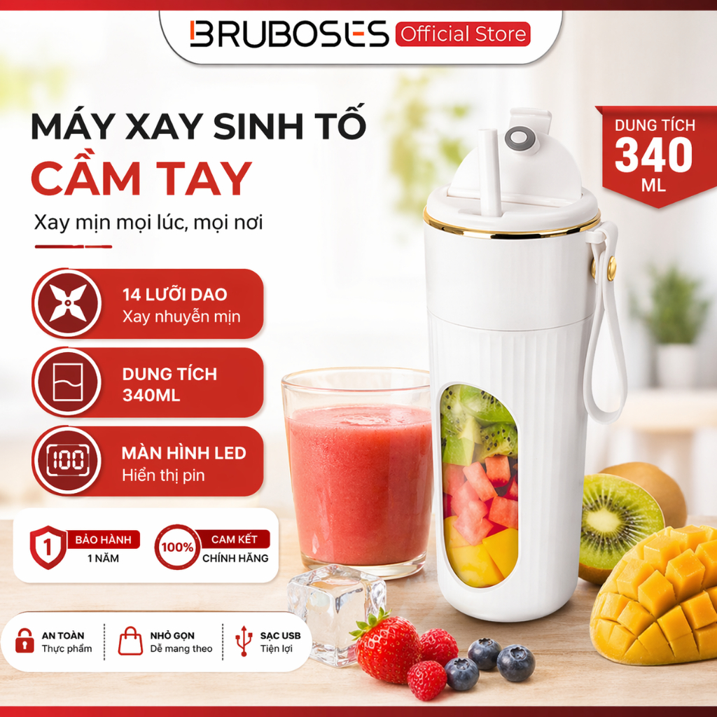 Bruborges Máy Xay Sinh Tố Cầm Tay Mini 340ml 14 Lưỡi Dao Thép Không Gỉ Xay Đá Siêu Nhanh Gọn Nhẹ Tiện Lợi