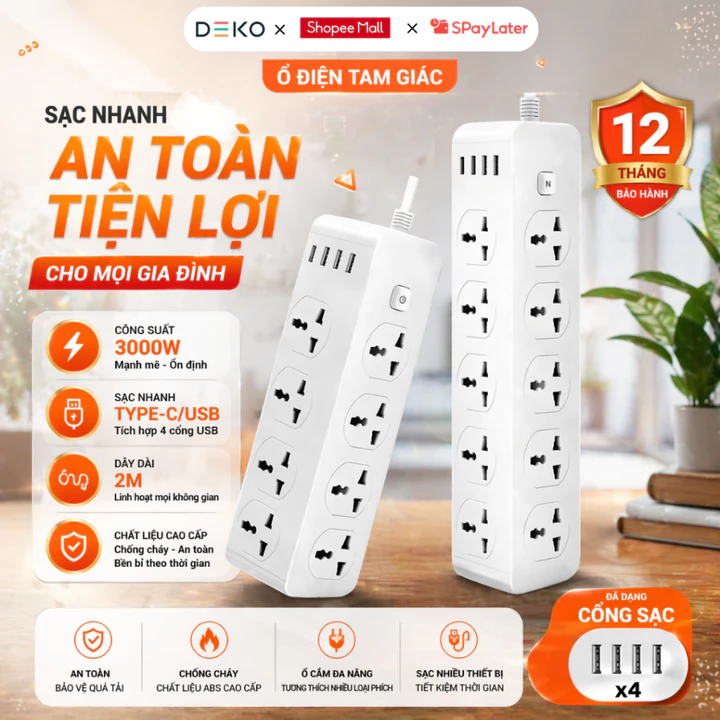 Ổ Cắm Điện USB Đa Năng Hình Tam Giác, 3 Cổng Cắm USB Công Suất 2500W Có Chốt An Toàn Tiện Dụng Dây Dài 2m