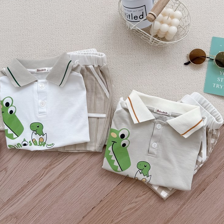 Set bộ polo cộc tay bé trai Miniumbaby dáng sát nách hình khủng long chibi, chất cotton mềm SB2656