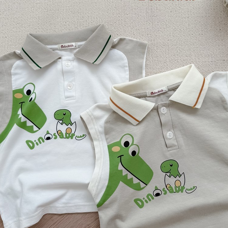 Set bộ polo cộc tay bé trai Miniumbaby dáng sát nách hình khủng long chibi, chất cotton mềm SB2656