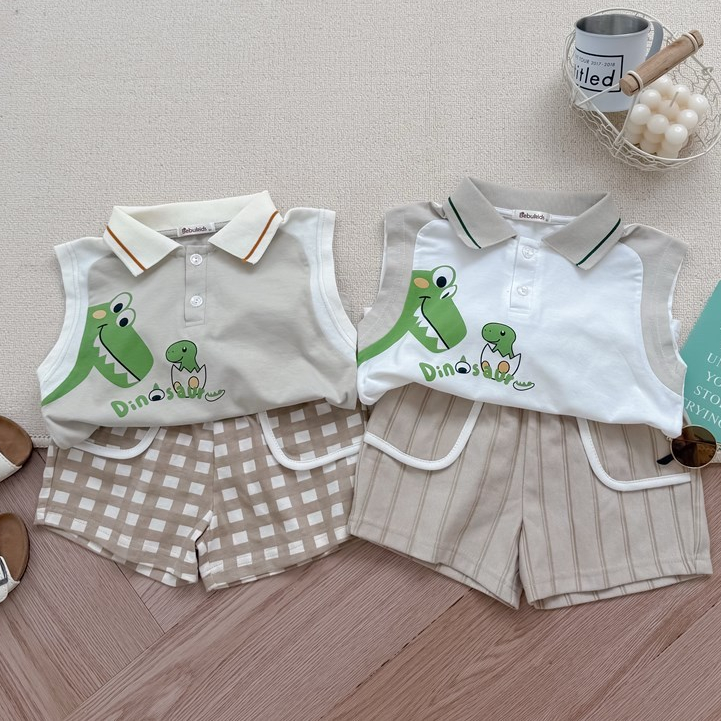 Set bộ polo cộc tay bé trai Miniumbaby dáng sát nách hình khủng long chibi, chất cotton mềm SB2656