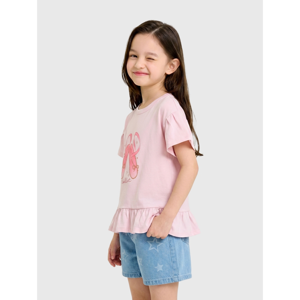 Áo phông bé gái CANIFA cổ tròn ngắn tay phối viền bèo chất liệu Cotton USA | OEKO-TEX 1TS26S005