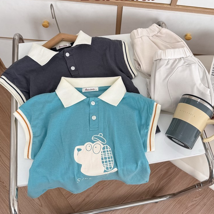 Set bộ polo cộc tay bé trai Miniumbaby in hình cún dáng tay dơi thoáng mát, chất cotton mềm SB2725