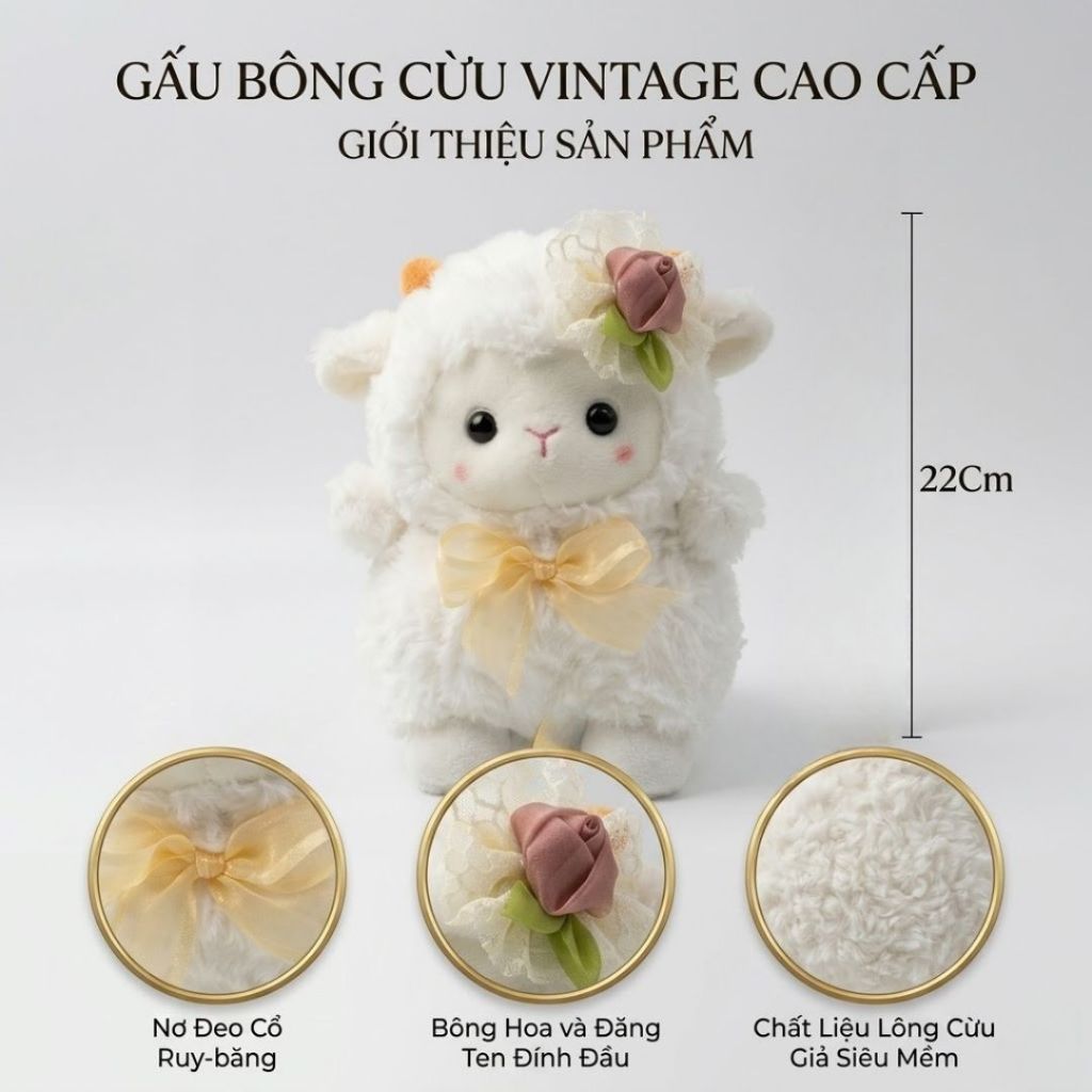 Gấu Bông Cừu Mini Đính Yếm Nơ Hoa Đáng Yêu, Cừu Bông Trắng Mềm Mại Quà Tặng Dễ Thương Cho Bé