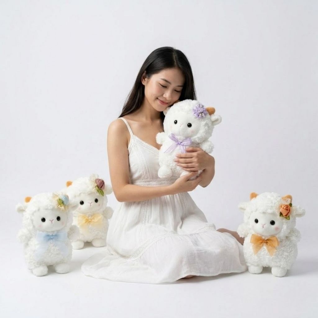 Gấu Bông Mini Cừu Đính Yếm Nơ Hoa Siêu Xinh,Cừu Bông Mềm Mại Size Nhỏ Làm Quà Tặng, Decor