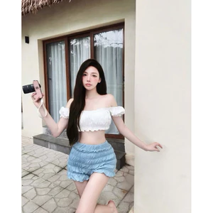 Set Đi Biển Nữ- Áo Croptop Trễ Vai Đính Nơ Cúp Ngực Kèm Quần Bí Vải Xốp May Nhún Tôn Vòng 3