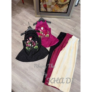 Sét áo lụa hai dây thêu thiếu nữ bên hoa sen + quần xuông lụa(có tách sét)