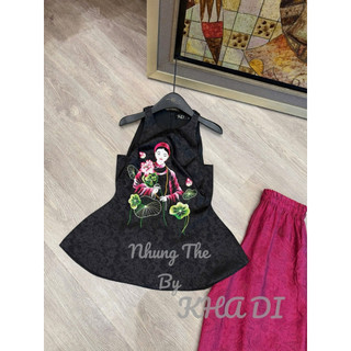 Sét áo lụa hai dây thêu thiếu nữ bên hoa sen + quần xuông lụa(có tách sét)