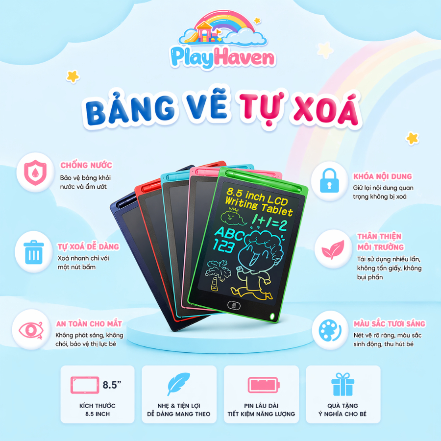 Bảng vẽ tự xoá LCD 8.5 inch cho bé đồ chơi vẽ thông minh tập viết và sáng tạo