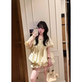 Set Bộ Đồ Nữ Gió Phồng Áo Cổ TRòn Dây Nơ Tay Bồng Gấu Bí Mix Chân Váy Bí Phồng 2 Lớp
