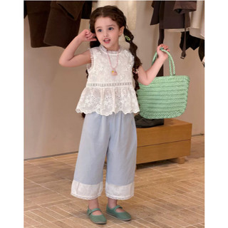 [B&G] Sét bộ áo ren trắng kèm quần dài ống suông xanh cho bé gái từ 10-45kg(2-12 tuổi)