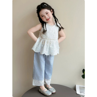 [B&G] Sét bộ áo ren trắng kèm quần dài ống suông xanh cho bé gái từ 10-45kg(2-12 tuổi)