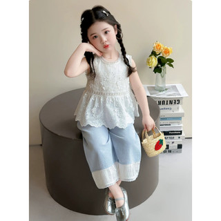 [B&G] Sét bộ áo ren trắng kèm quần dài ống suông xanh cho bé gái từ 10-45kg(2-12 tuổi)