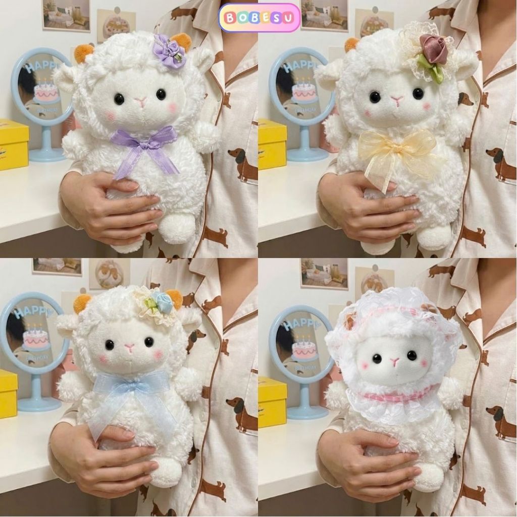 Gấu Bông Cừu Con Mini Đính Yếm Nơ Hoa Xinh Xắn Quà Tặng Đáng Yêu,Decor Bàn học,Làm Việc