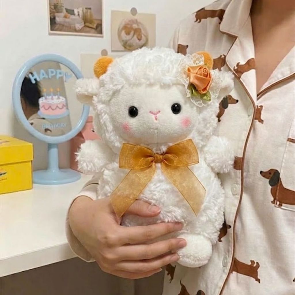 Gấu Bông Cừu Mini Đính Hoa Siêu Đáng Yêu, Thú Nhồi Bông Cừu Trắng Mềm Mại Quà Tặng Cho Bé, Decor
