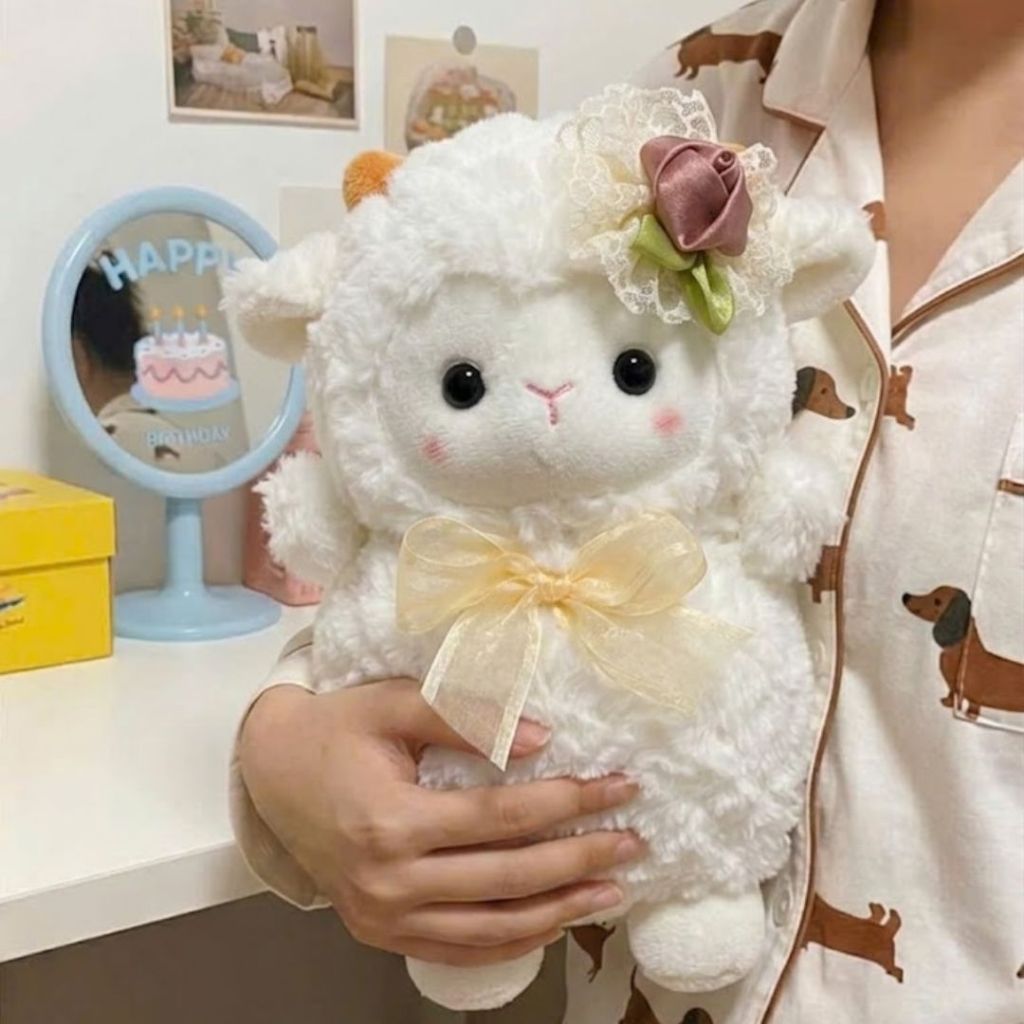 Gấu Bông Cừu Mini Đính Hoa Siêu Đáng Yêu, Thú Nhồi Bông Cừu Trắng Mềm Mại Quà Tặng Cho Bé, Decor