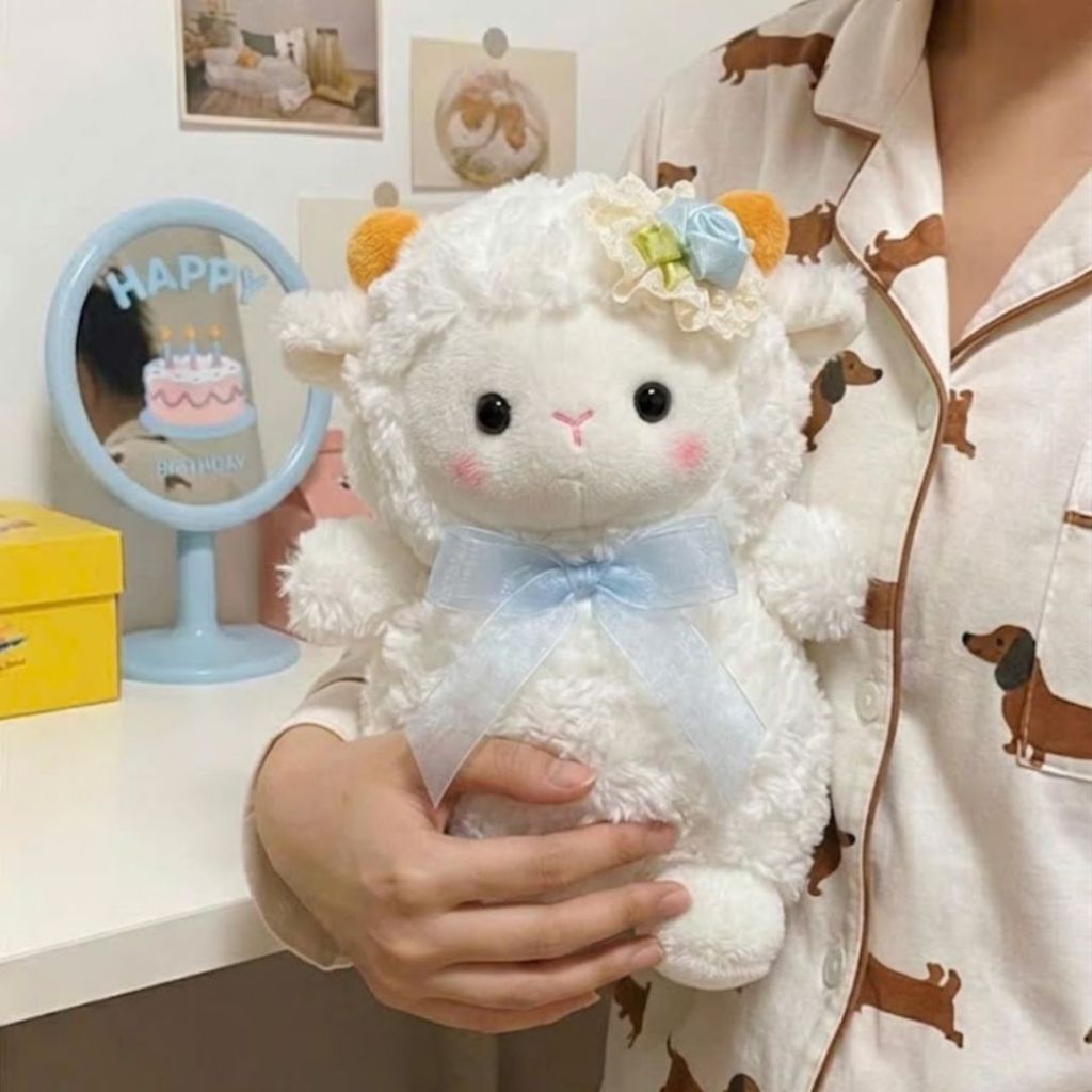 Gấu Bông Cừu Mini Đính Hoa Siêu Đáng Yêu, Thú Nhồi Bông Cừu Trắng Mềm Mại Quà Tặng Cho Bé, Decor