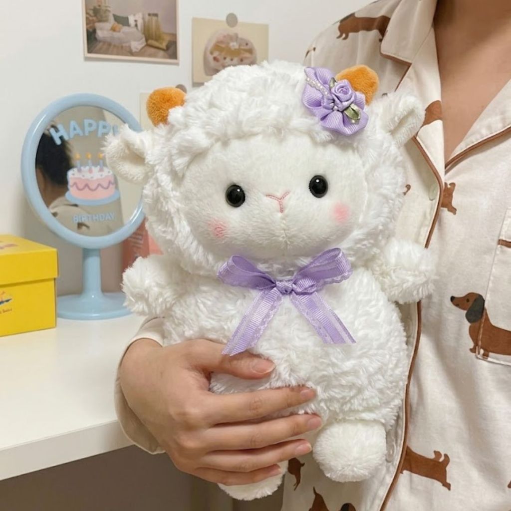 Gấu Bông Cừu Mini Đính Hoa Siêu Đáng Yêu, Thú Nhồi Bông Cừu Trắng Mềm Mại Quà Tặng Cho Bé, Decor