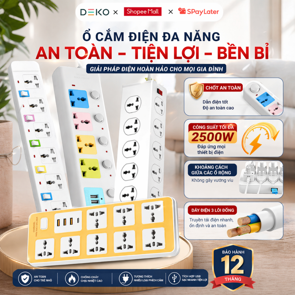 Ổ Cắm Điện Đa Năng METIS Chịu Tải 2500W Dài 4m Cổng USB Có Chốt Bấm Chống Giật An Toàn