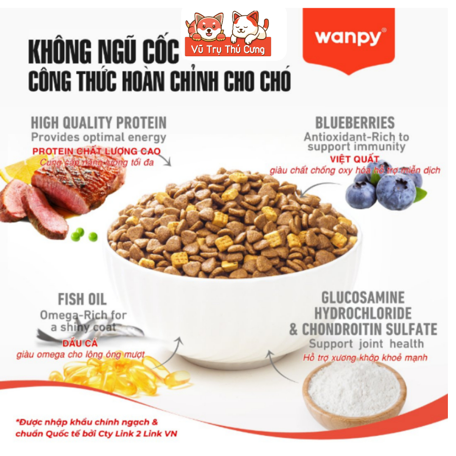 Hạt Cho Chó  Wanpy Grain Free Với 40% Topping Thịt Thật Phù Hợp Chó Kén Ăn, Giúp Tăng Cân