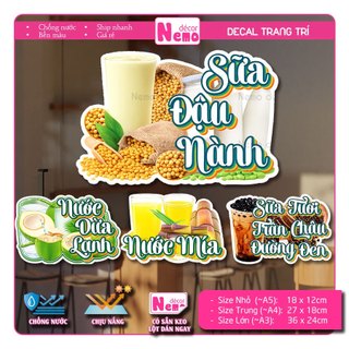 Decal Sữa Đậu Nành, Sữa Bắp, Nước Mía, Nước Dừa, Soda, Tranh Dán Quán Nước, Cà Phê - Sticker Chịu Được Mưa Nắng.