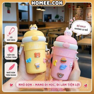 Homee.cok (Tặng charm) Bình Nước Thủy Tinh Bọc Nhựa – An Toàn, Có Dây Đeo, Nắp Gấu Không Rò Rỉ