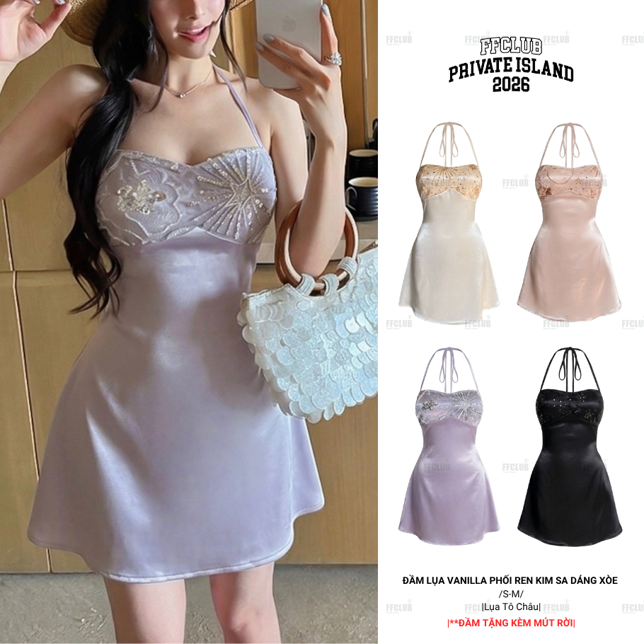 [TẶNG KÈM MÚT] ĐẦM LỤA VANILLA PHỐI REN KIM SA DÁNG XÒE FFCLUB