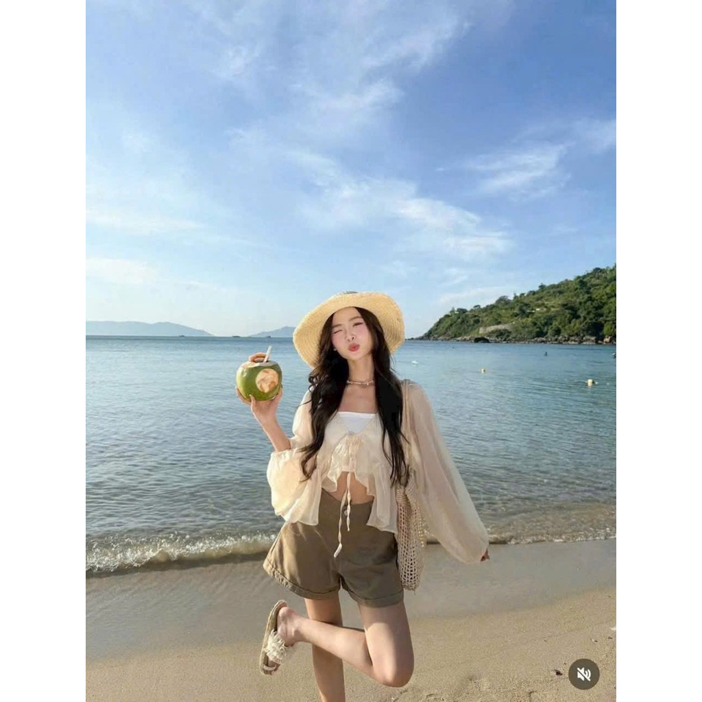 ( Tặng Áo Quây ) Áo Khoác Cardigan Mermaid Top Chất Tơ Mềm Ngắn Cột Dây Tay Dài, Áo Khoác Kèm Quần Mặc Đi Biển Xinh