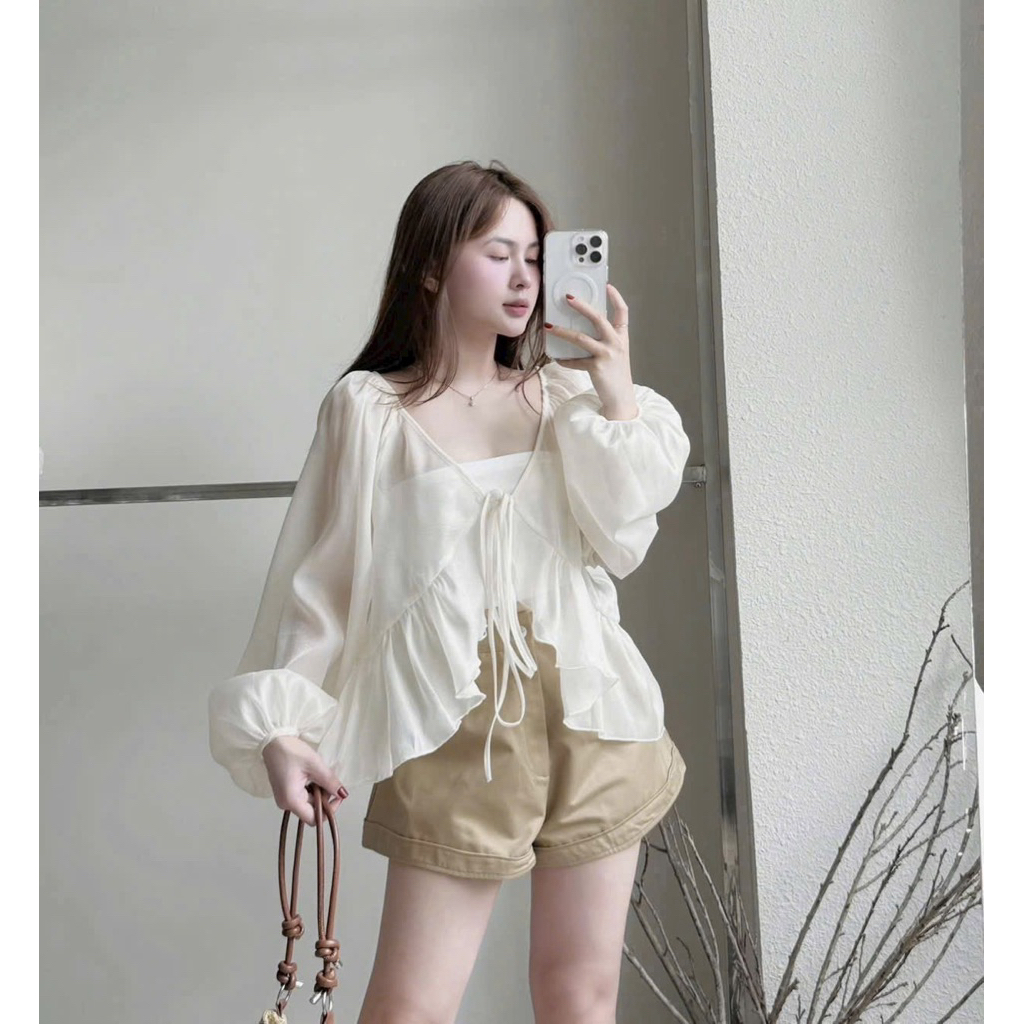 ( Tặng Áo Quây ) Áo Khoác Cardigan Mermaid Top Chất Tơ Mềm Ngắn Cột Dây Tay Dài, Áo Khoác Kèm Quần Mặc Đi Biển Xinh