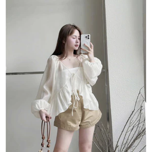Áo Khoác Cardigan Mermaid Top Chất Tơ Mềm Ngắn Cột Dây Tay Dài, Áo Khoác Kèm Quần Mặc Đi Biển Xinh