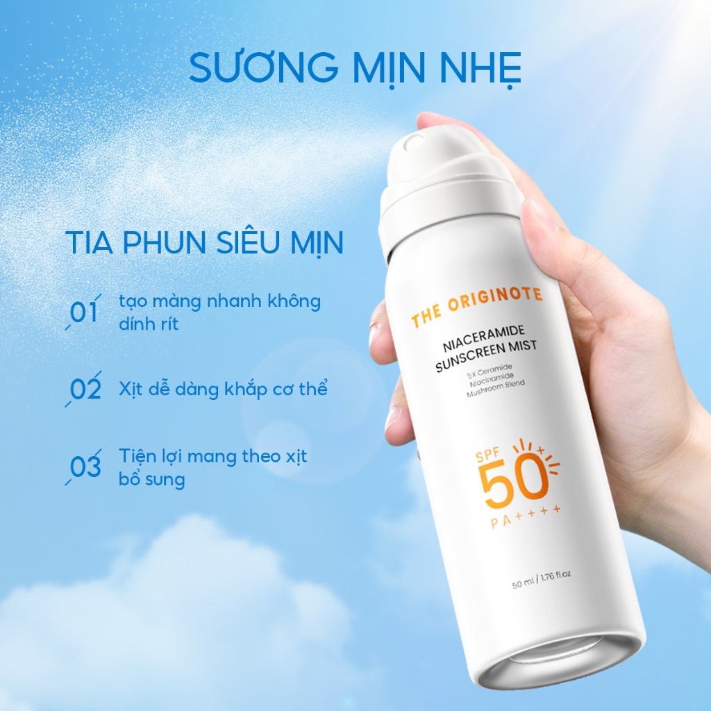 Xịt chống nắng SPF50 PA++++ The Originote chống nắng body trắng da với Niacinamide Sunscreen Mist