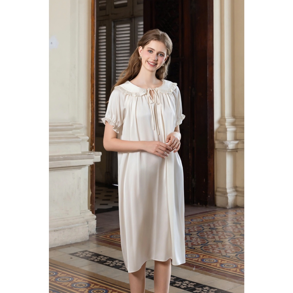 Váy Ngủ Thiết Kế cổ bèo tay ngắn"Belle Nuit" Form dài, chất liệu lụa latin cao cấp thoáng mát - V14