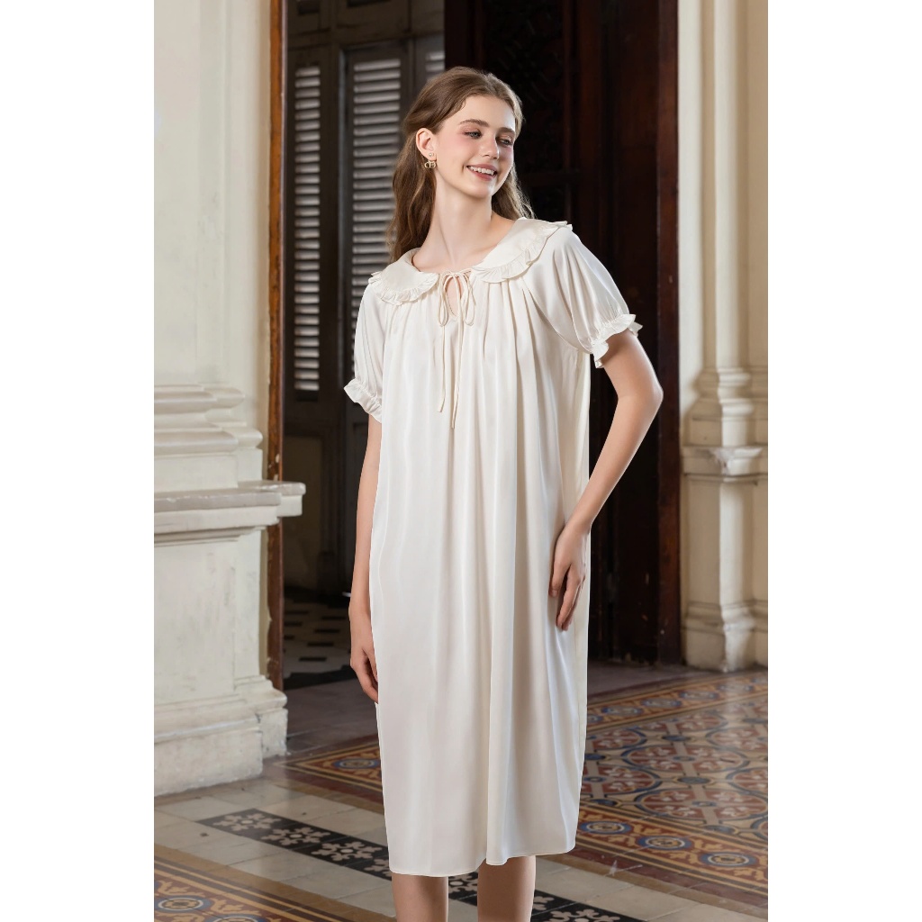 Váy Ngủ Thiết Kế cổ bèo tay ngắn"Belle Nuit" Form dài, chất liệu lụa latin cao cấp thoáng mát - V14