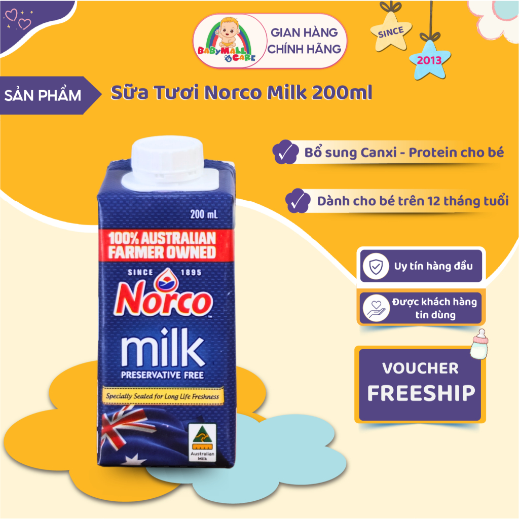 Sữa Tươi Tiệt Trùng Norco Milk  200ml Lốc 3 Hộp Bổ Sung Canxi Protein Cho Bé| Babymall & Care