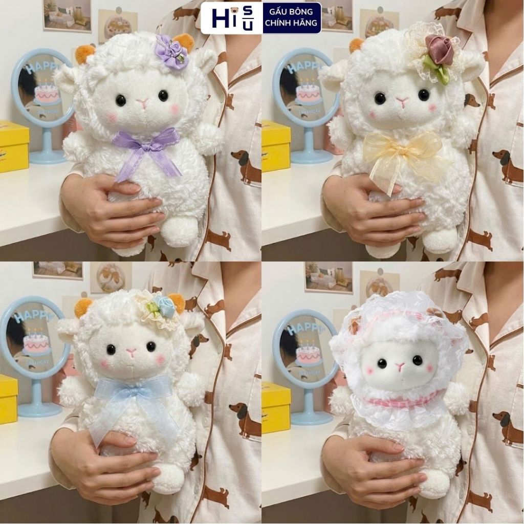 Gấu Bông Cừu Mini Đính Yếm Nơ Hoa Xinh Cute, Cừu Bông Trắng Mềm Mại 25CM Quà Tặng Cho Bé