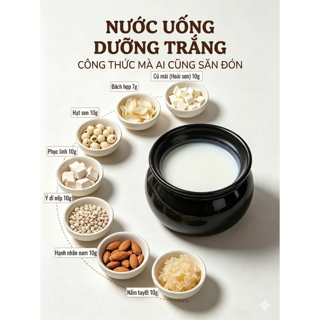 Thất Bạch Ẩm trắng da, Bột/cháo/sữa dưỡng nhan, đẹp da gồm:Ý dĩ, hoài sơn, bách hợp, nấm tuyết, hạt sen