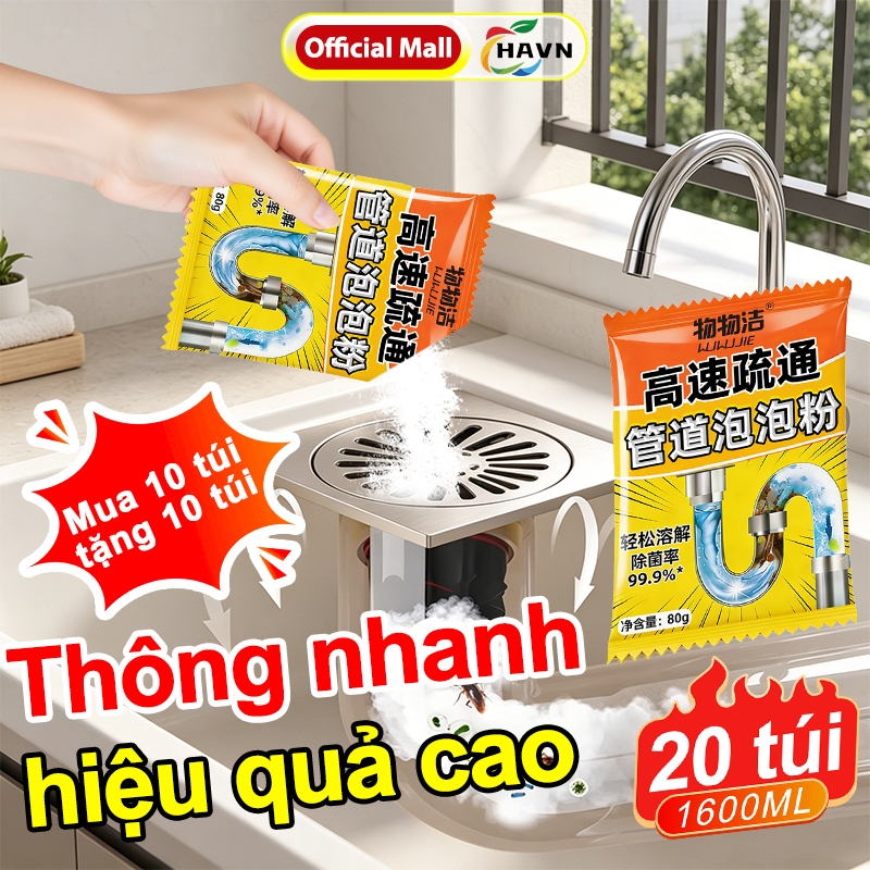 Bột thông cống cao cấp, Thông tắc nhanh,  5 phút thông tắc ngay - Làm sạch đường ống, khử mùi hôi - 20 túi