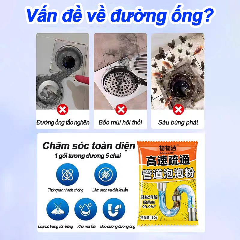 【MUA 1 TẶNG 1】Bột thông cống mạnh, Gói bột thông tắc ống,  Hòa tan dầu mỡ, 5 phút thông ngay, Mua là tặng !