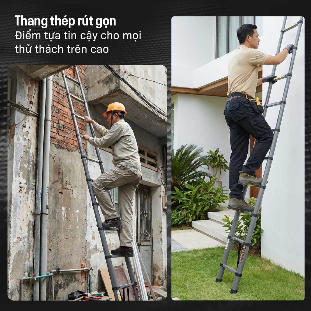 Thang rút đơn thép Carbon cao 2.7M - 5.9M FUJIHOME Nhập Khẩu, thang rút chữ I khoá chốt chân chống trơn trượt an toàn