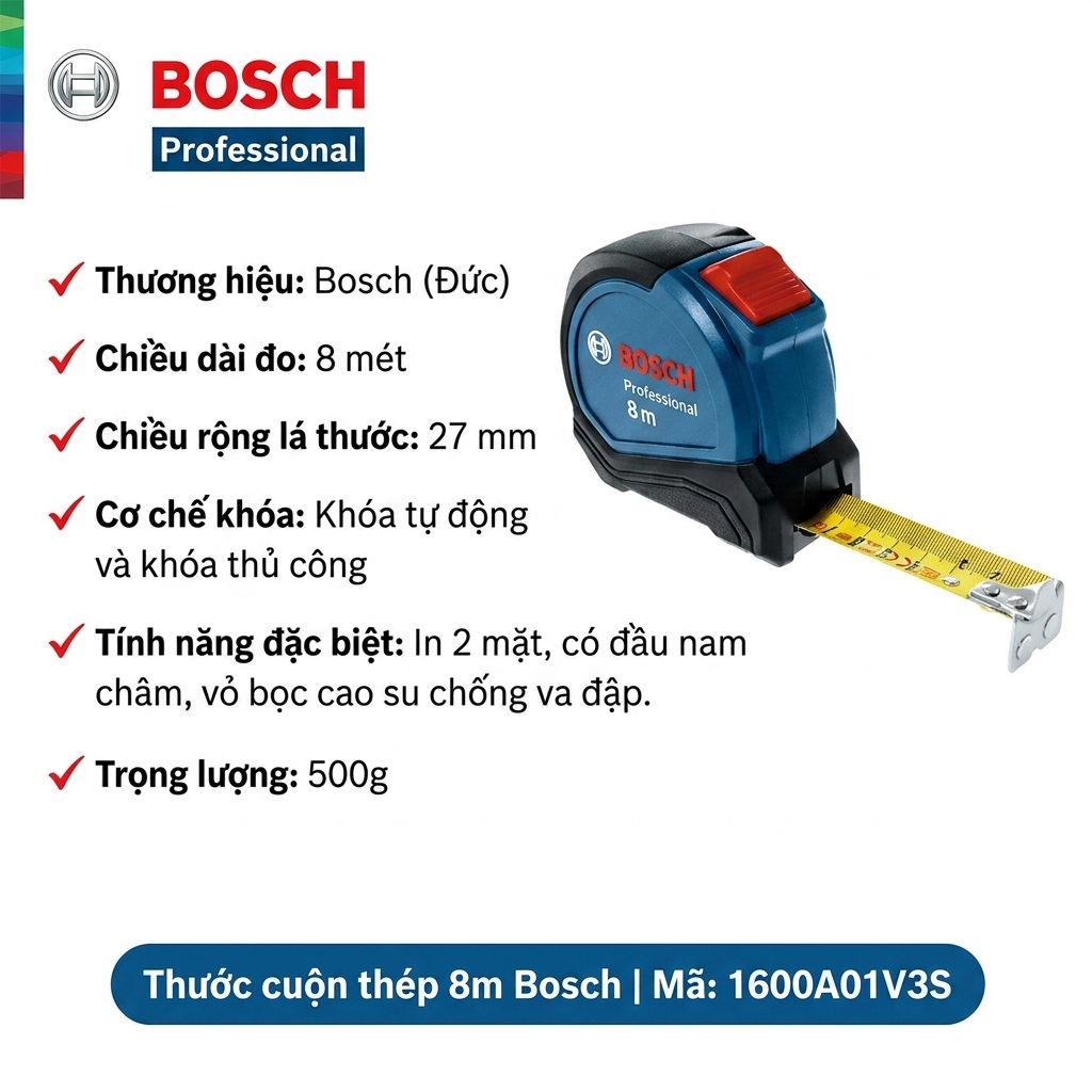 Thước Cuộn 8M Bosch 1600A01V3S - Thước Kéo Thép Bản Rộng 27mm Siêu Bền, Chống Va Đập, Có Nam Châm