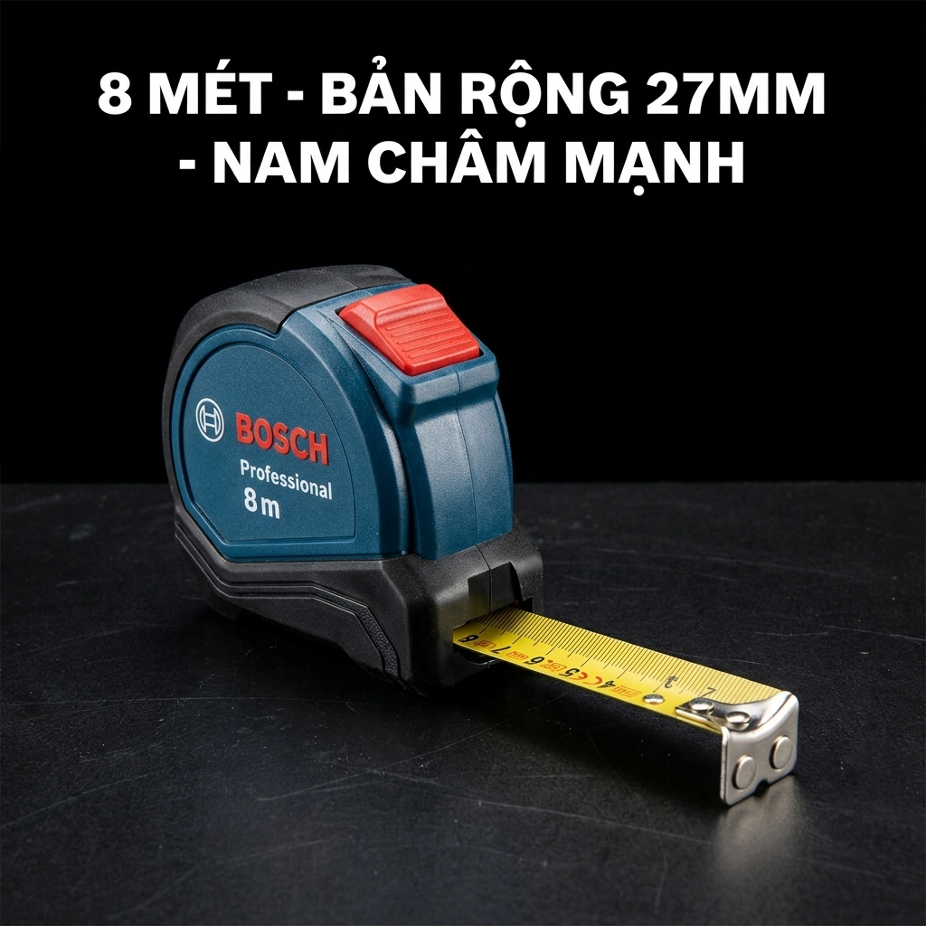 Thước Cuộn 8M Bosch 1600A01V3S - Thước Kéo Thép Bản Rộng 27mm Siêu Bền, Chống Va Đập, Có Nam Châm