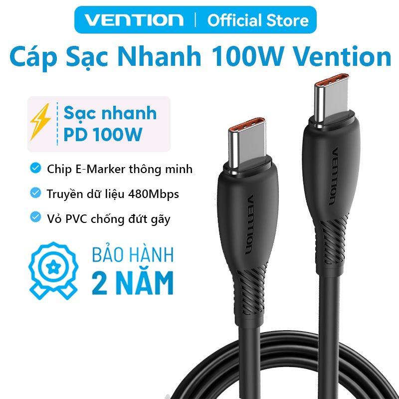Cáp Sạc Nhanh Type-C Vention 100W, Dây C to C, Cáp Sạc PD , Có E-Marker, Truyền Data 480Mbps, Sạc Laptop Điện Thoại
