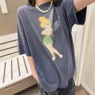 jennie với 26ss cổ tròn tay ngắn elfo ngực in retro làm cũ áo sơ mi phụ nữ