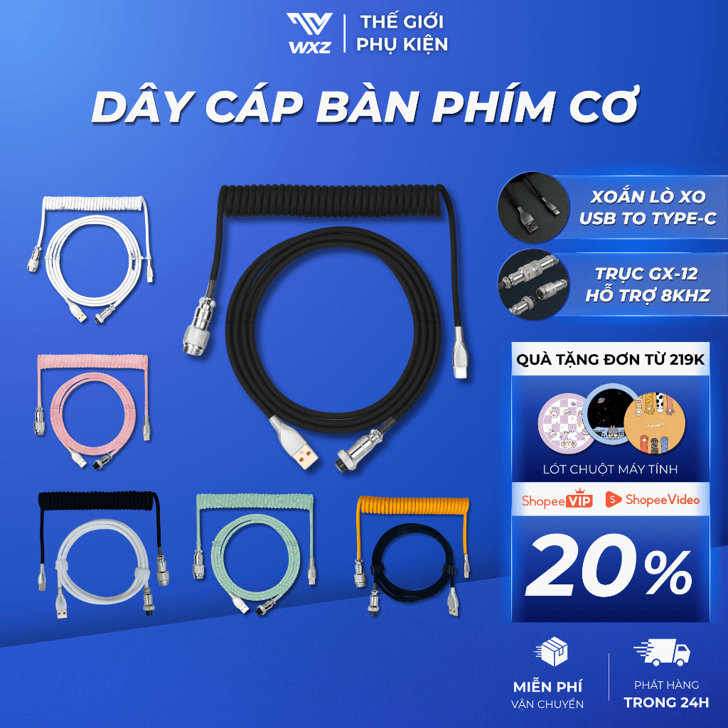 Dây Cáp Bàn Phím Cơ Type-C Xoắn Lò Xo Trục GX12, Dây Dù Poly Bền Chống Rối, Hỗ Trợ 8K Polling Rate