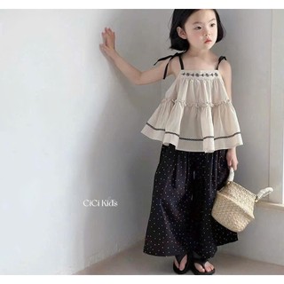 [B&G] Sét Áo 2 dây bèo nhún phối quần ống rộng chấm bi dài cho bé diện đi chơi, đi biển hay dạo phố
