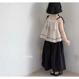 [B&G] Sét Áo 2 dây bèo nhún phối quần ống rộng chấm bi dài cho bé diện đi chơi, đi biển hay dạo phố